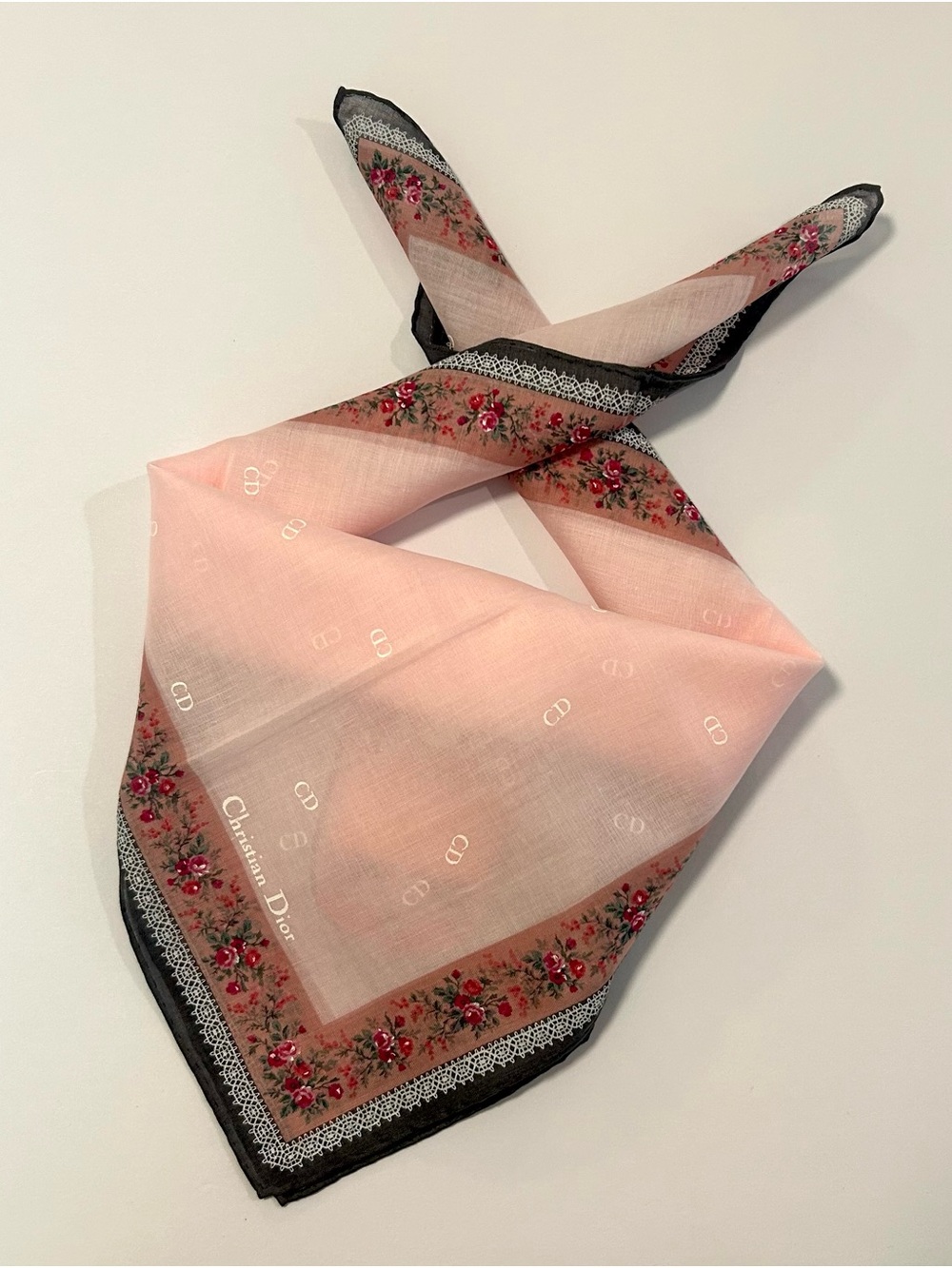 Women Handkerchief Christian Dior Floral Pink Logo Cotton Pocket Square 18”